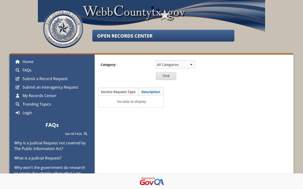 Webb County warrant records request category selector