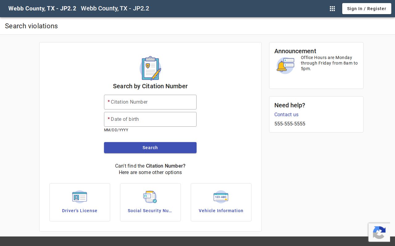 Webb County warrant search reference showing JP 2 Place 2 citation lookup fields