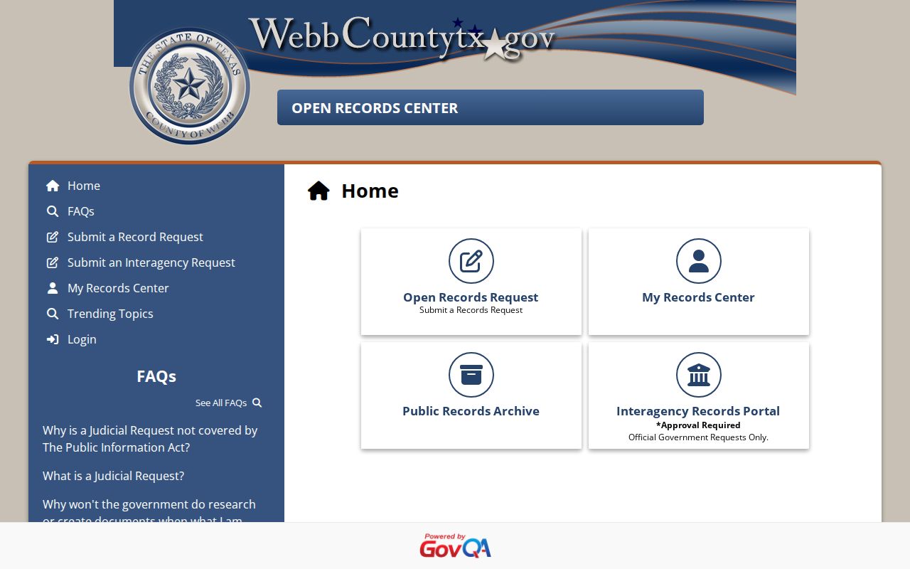 Webb County active warrant records request portal landing page